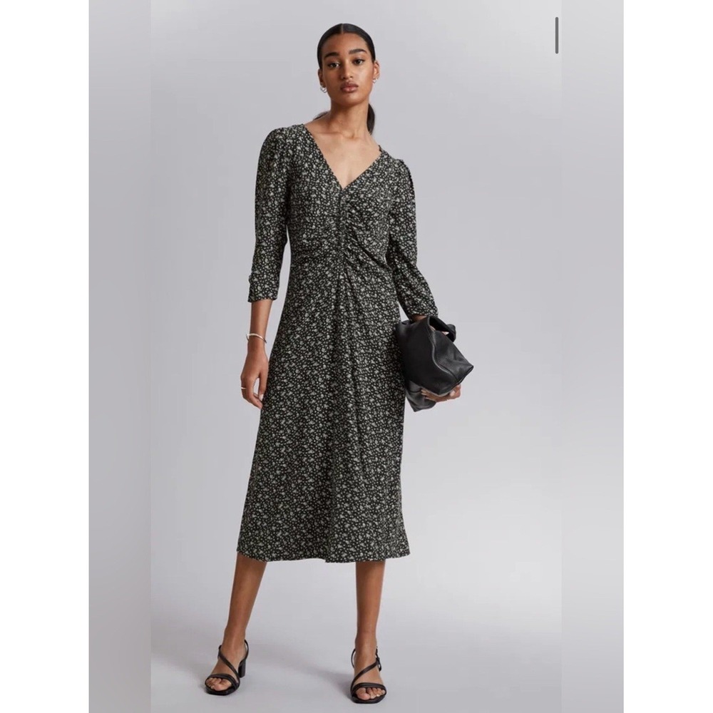 & Other Stories Ruched Front Midi Dress Womens 4 Black Floral Feminine Romantic